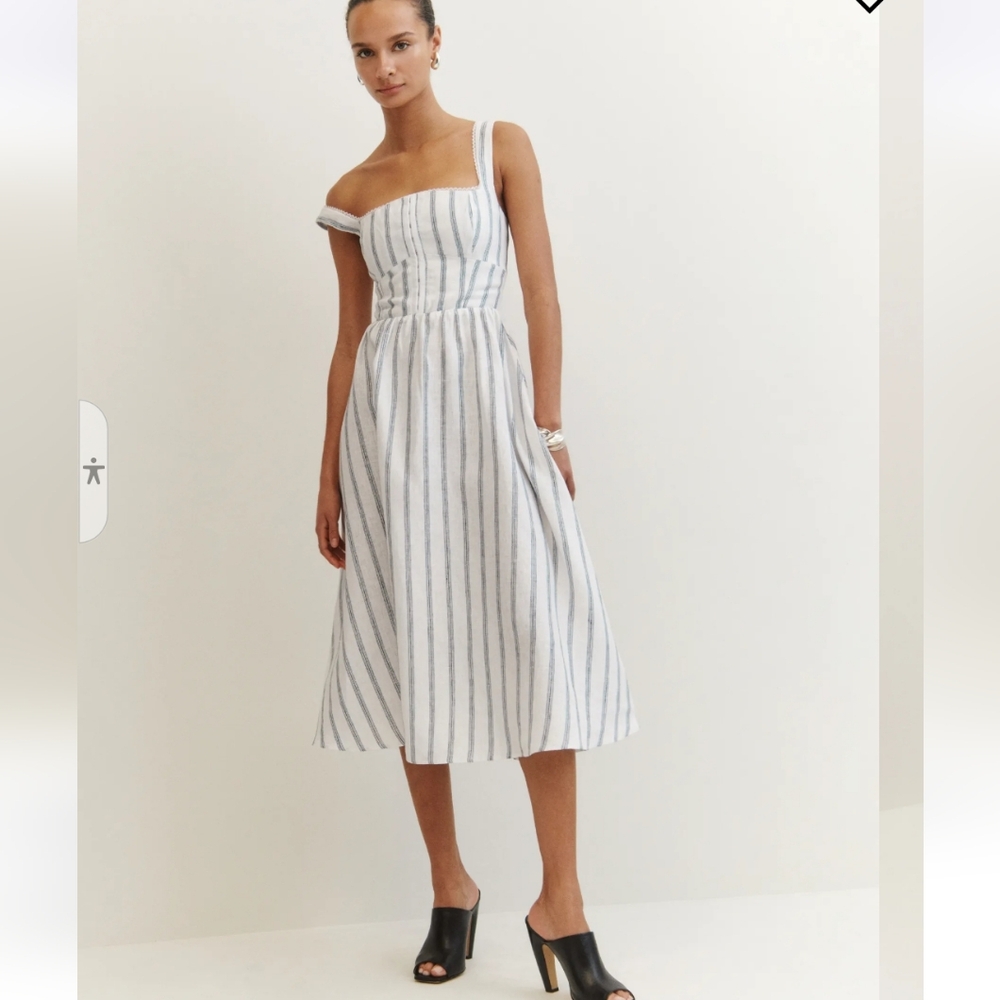 Reformation White and Light Blue Striped Midi Dress